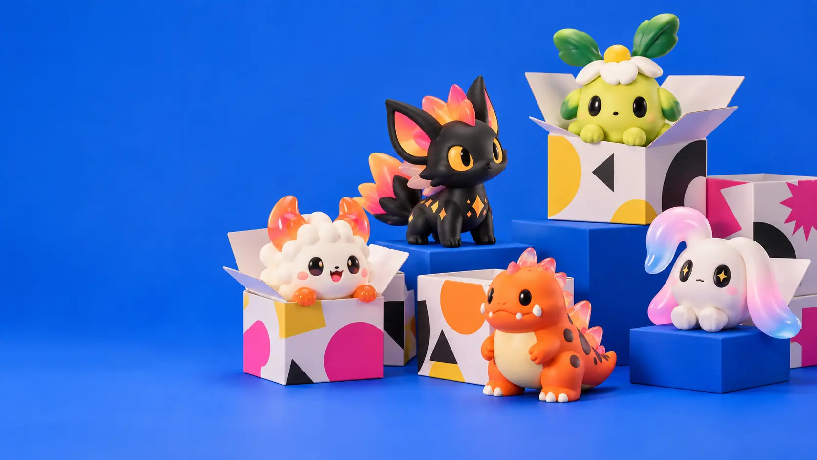 Five original fantasy collectible figures beside colourful mystery boxes